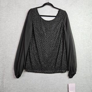 JS Collection Women's Size 14 Beaded Sheer Sleeve Blouse Black Evening Top